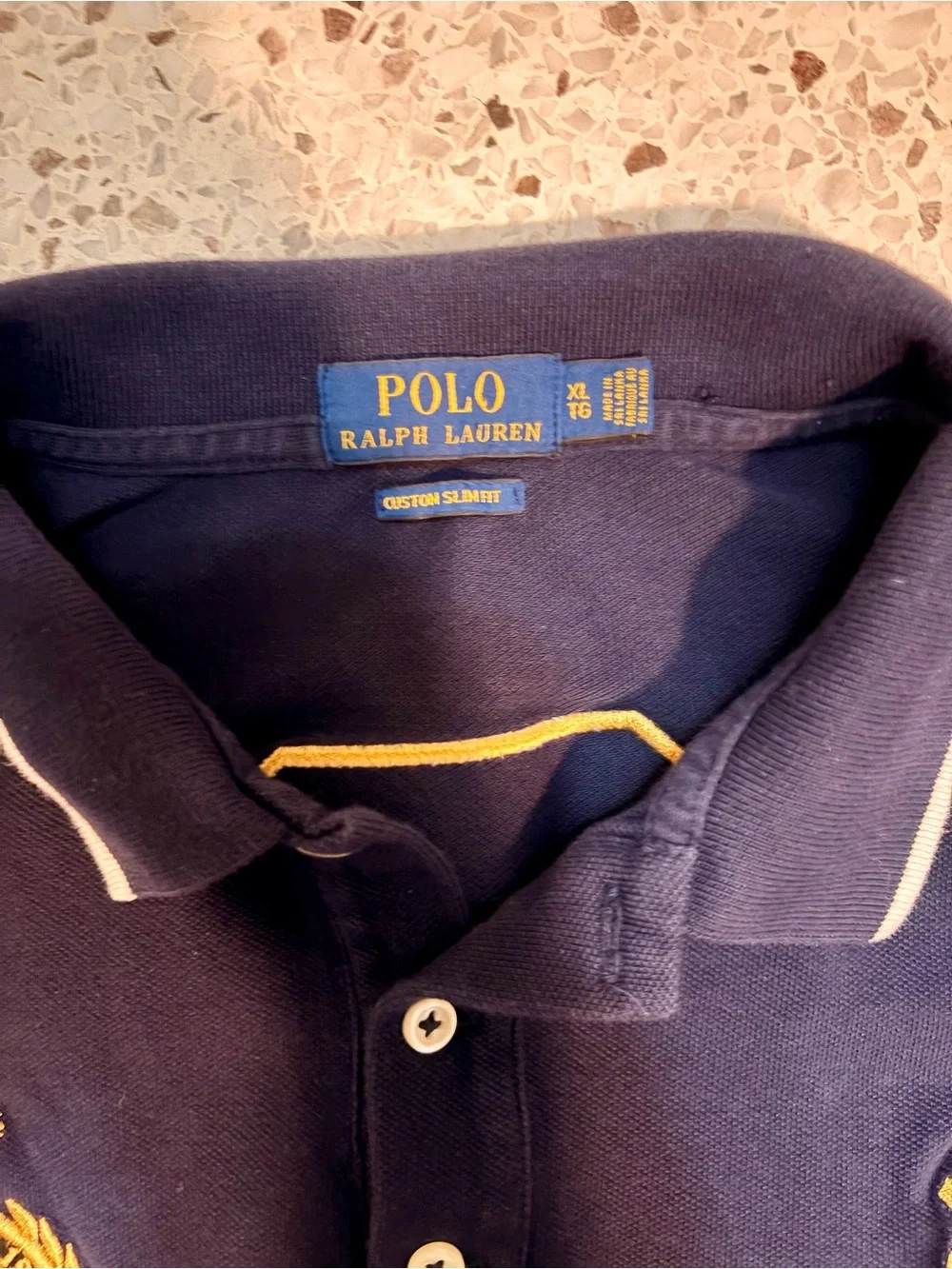 Ralph Lauren Navy Polo with Yellow Trim and Embroidered Crest